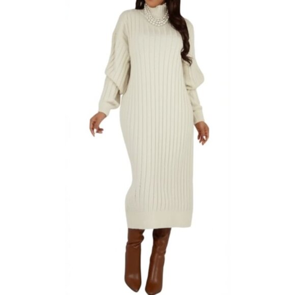 Topshop Dresses & Skirts - Topshop Knitted Oversized Ribbed Funnel Midi Dress Cozy Stone-Neutral Womens M